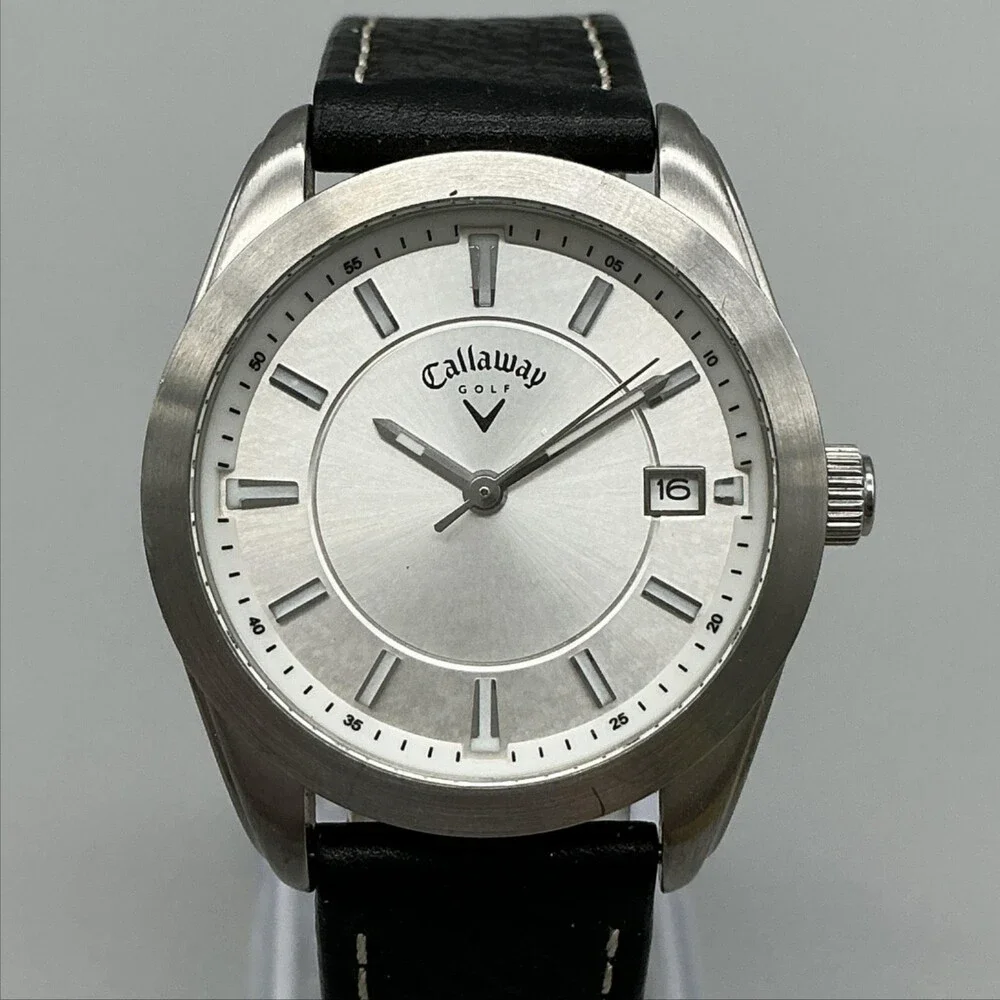 Callaway Golf Unisex Watch 33mm Silver Dial Black Leather Date 50m New Battery